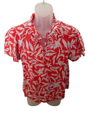 Caslon Orange & White Floral Short Sleeve Blouse w/ Tie Neck Women M Medium